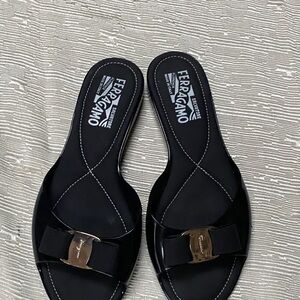 Salvatore Ferragamo Black and Gold Slide Sandals